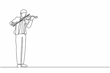 Single continuous line drawing man musician playing violin. Classical music performer with musical instrument. Male musician wearing suit playing violin. One line graphic design vector illustration