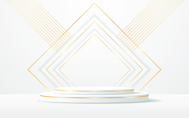 White podium with white squares and elegant gold lines on the back for product presentation. Cosmetic product display. vector illustration
 - obrazy, fototapety, plakaty