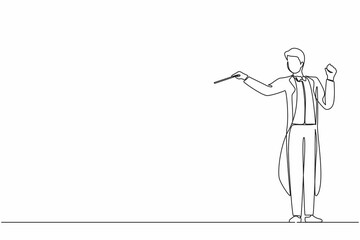 Single continuous line drawing man music orchestra conductor. Male musician in tuxedo suit with arm gestures. Expressive conductor directs orchestra during performance. One line graphic design vector