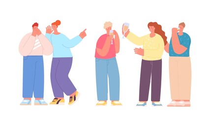 Fototapeta premium Couple gossip about drinking friends. Alcohol addiction, party or meeting with cocktails. Office party, diverse colleagues or students. Healthy and unhealthy vector characters
