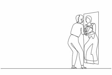 Single one line drawing Arabian businesswoman looking herself. Female in front of mirror, optimism, positive, self confidence. Reflection reward with trophy cup, winner. Continuous line design vector