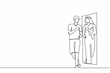 Continuous one line drawing man looking in mirror see himself as successful Arab businessman wearing expensive Arabian clothes. Poor man dream to become wealthy person. Single line draw design vector