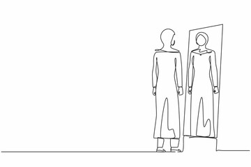 Continuous one line drawing Arab businesswoman looks herself in the mirror. Manager looking at her reflection in mirror and evaluating her attire. Single line draw design vector graphic illustration