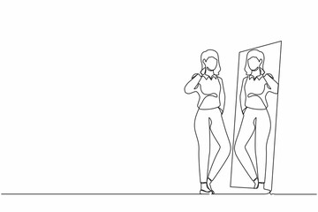 Single continuous line drawing businesswoman choosing blazer for business meeting. Woman trying on clothes at home. Girl with style. Mirror with female reflection. One line draw graphic design vector
