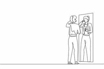 Single one line drawing businesswoman wearing formal blazer making selfie in stand in front of mirror. Woman taking selfie. Addiction on smartphone and internet. Continuous line design graphic vector