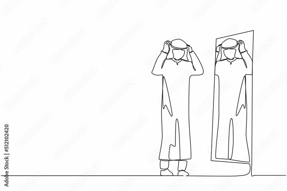 Poster single one line drawing arab businessman adjusting turban in front of mirror. man checking his appea