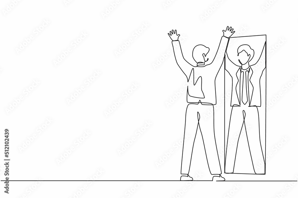 Poster single continuous line drawing happy businessman look in mirror with raised hands. reflection in mir