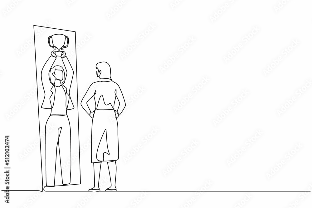 Poster single continuous line drawing businesswoman looking herself happy and successful in mirror reflecti