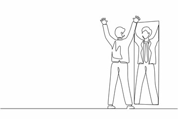 Single continuous line drawing happy businessman look in mirror with raised hands. Reflection in mirror. High self esteem psychology. Victory, success motivation. One line draw graphic design vector
