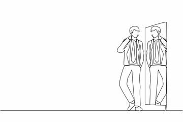 Single continuous line drawing businessman character choosing suit for business meeting. Man trying on clothes at home. Guy with style. Mirror with male reflection. One line draw graphic design vector