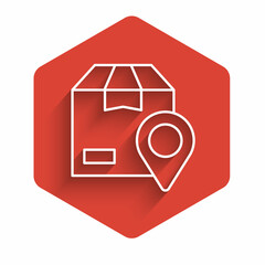 White line Location with cardboard box icon isolated with long shadow background. Delivery services, logistic and transportation, distribution. Red hexagon button. Vector