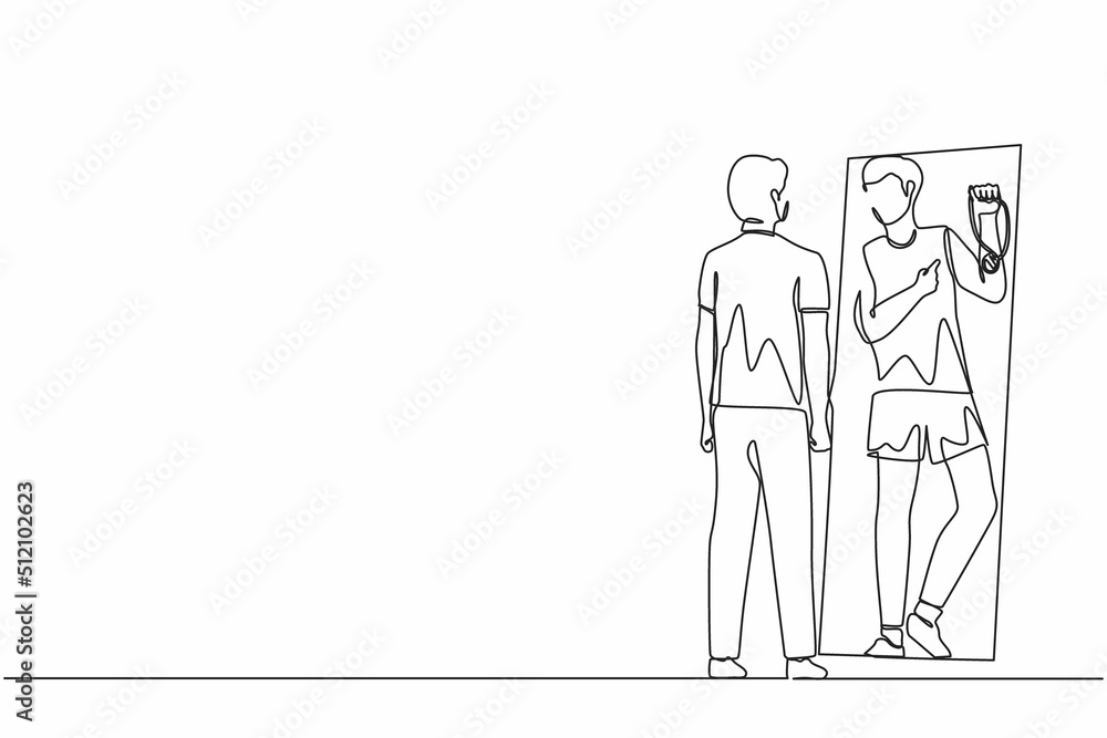 Poster single continuous line drawing businessman looking at mirror and seeing in reflection of himself wit