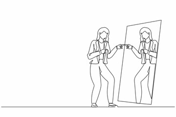 Single continuous line drawing happy narcissistic businesswoman looks at mirror. Woman self reflection. Narcissism and vanity. Look selfishness, narcissistic, admiring. One line graphic design vector