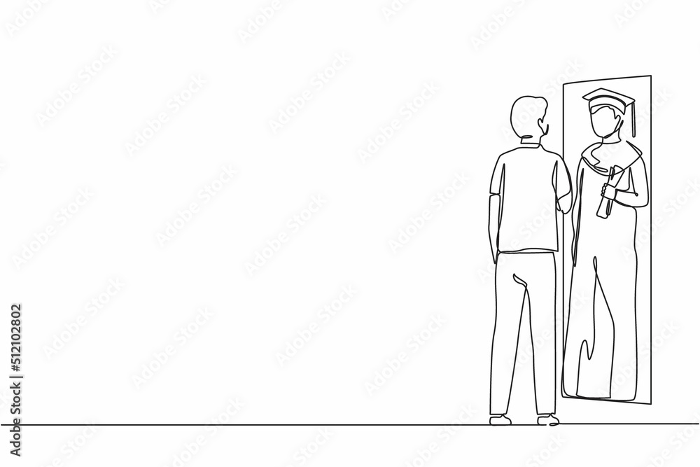 Aufkleber single one line drawing businessman standing in front of mirror looking his reflection, imagine hims