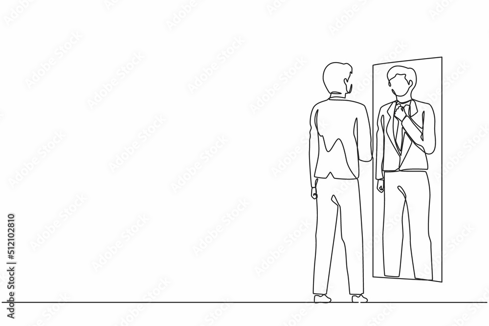 Aufkleber single continuous line drawing businessman adjusting tie in front of mirror. man checking his appear