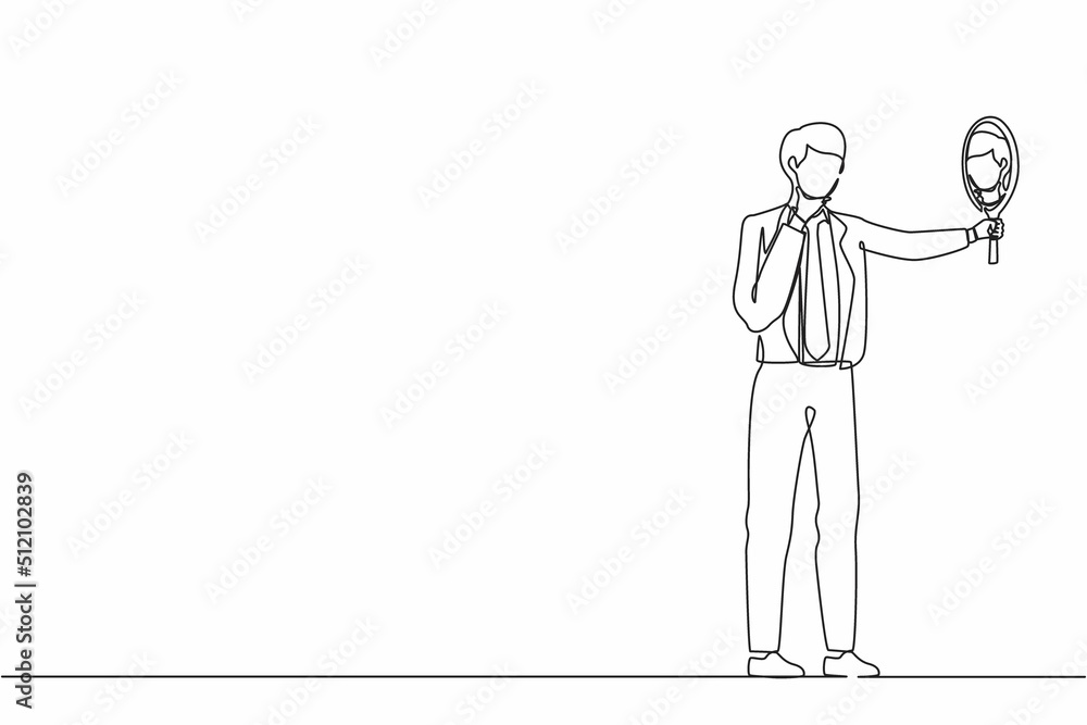 Poster continuous one line drawing businessman holding hand mirror. male manager with hand mirror. man look