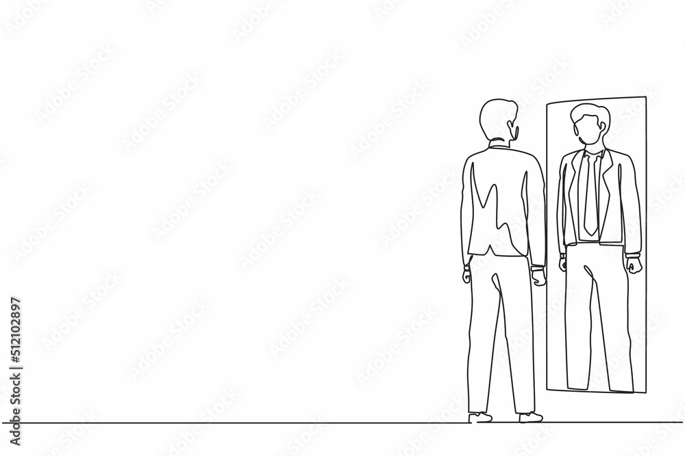 Aufkleber single one line drawing businessman looks himself in the mirror. clerk or manager looking at his ref