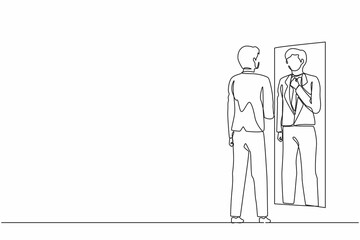 Single continuous line drawing businessman adjusting tie in front of mirror. Man checking his appearance in mirror. Male manager looking himself in mirror. One line graphic design vector illustration