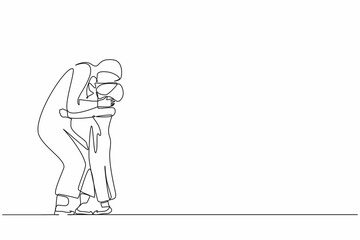 Single continuous line drawing caring young Arab mother embracing kissing cute little daughter feeling love and tenderness. Mother's day, holiday concept. One line graphic design vector illustration