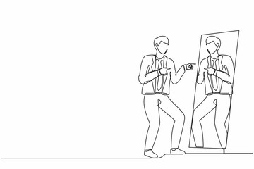 Single one line drawing happy narcissistic businessman looks at mirror. Man self reflection. Narcissism and vanity. Look selfishness, narcissistic and admiring. Continuous line design graphic vector