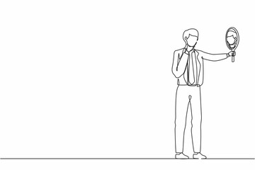 Continuous one line drawing businessman holding hand mirror. Male manager with hand mirror. Man looking at himself in mirror. Narcissism and reflection concept. Single line draw design vector graphic