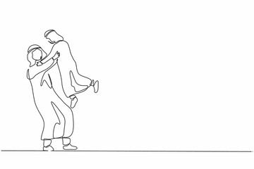 Fototapeta na wymiar Single continuous line drawing happy father's day. Loving father carrying his little son on raised hands. Arab family with dad and child playing together. One line graphic design vector illustration