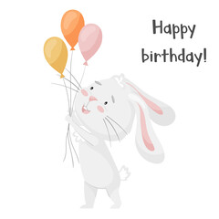 Cute smiling rabbit holding festive balloons in its paws. Happy birthday card. Adorable animal, character in pastel colors. For cards, clothes, t shirt print. Vector illustration on white.