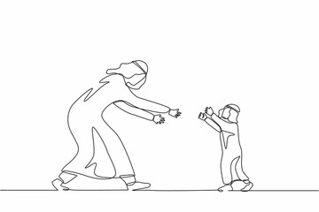 Continuous one line drawing little boy running to his dad. Child happy to greet dad returning home. Arabian dad stretching hands to son. Cheerful kid and parent. Single line draw design vector graphic