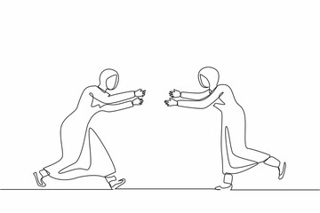 Continuous one line drawing happy Arab girls meeting after long time, run towards each other, having fun. Joyful female welcoming friend with joy and positive emotions. Single line draw design vector