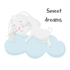 Obraz na płótnie Canvas Cute smiling rabbit sleeping on a cloud. Kids design. Good night poster. Adorable animal, character in pastel colors. For cards, clothes, t shirt print. Vector illustration on white background