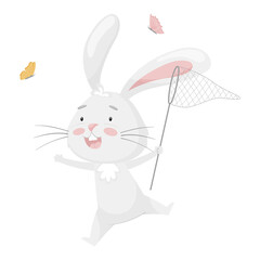 Cute funny rabbit catching butterflies with a net. Summer fun activity.Kids design. Adorable animal, character in pastel colors. For cards, clothes, t shirt print.Vector illustration isolated on white