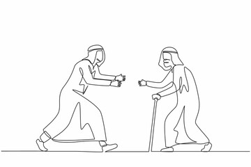 Single one line drawing happy Arab man running to meet grandfather. Vacation at grandparents home. Father, senior male, retired, summertime, holiday. Continuous line design graphic vector illustration