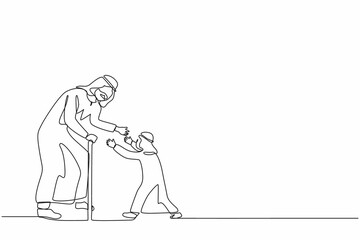 Single one line drawing happy little boy running to hug his grandfather. Arab grandson visiting grandparents. Senior man welcoming grandchild at home. Continuous line draw design vector illustration