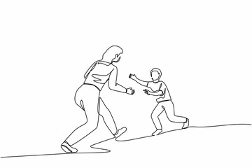 Fototapeta na wymiar Single one line drawing boy running to mother. Cheerful boy running to hug his mother. Little son running to his mom who standing and waiting with open arms. Continuous line draw design graphic vector