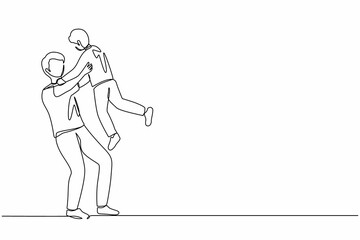 Fototapeta na wymiar Single continuous line drawing happy father's day. Loving father carrying his little son on raised hands. Young family with dad and child playing together. One line graphic design vector illustration