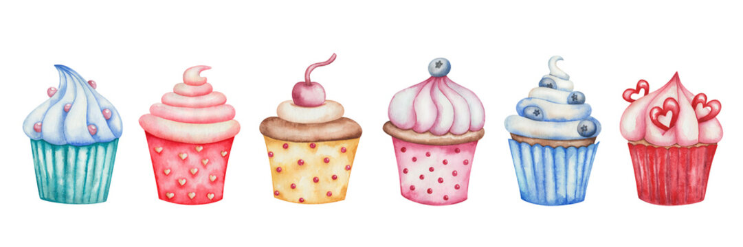 Watercolor illustration of hand painted colorful cupcakes with meringue, blueberries, cherry, hearts. Baked muffins with cream in cup. Sweet food dessert for cafe, restaurant menus. Isolated clip art