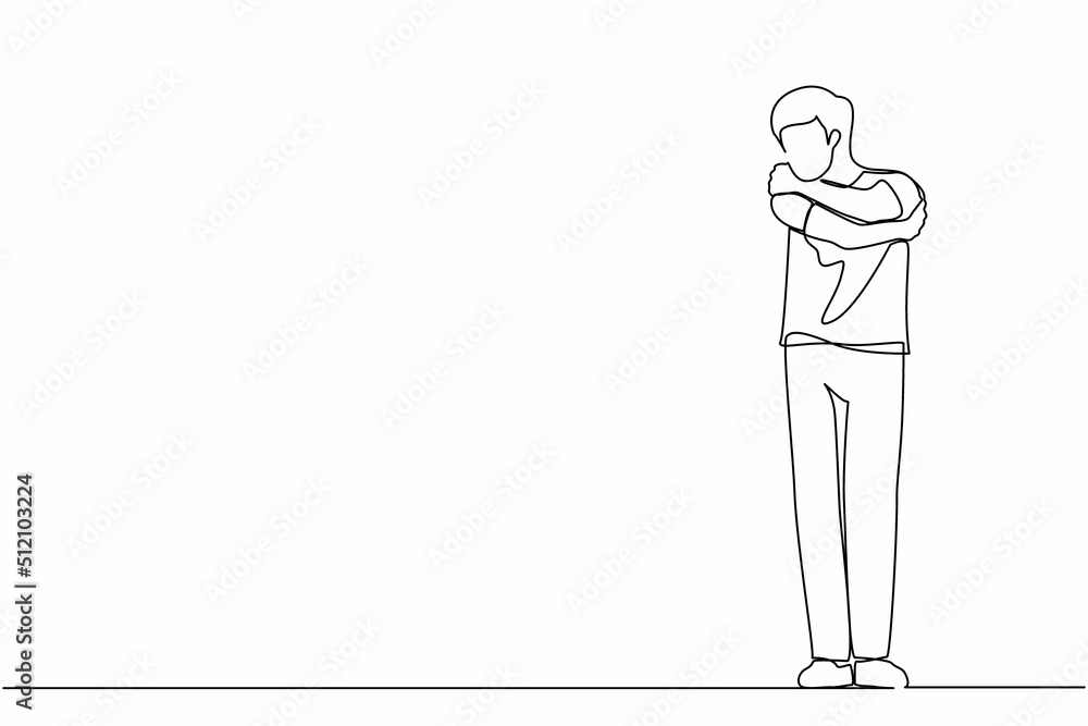 Poster single continuous line drawing man hugging himself with positive emotion. happy smiling guy hugging 