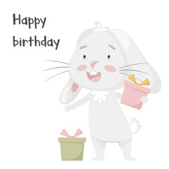 Cute smiling rabbit holding gift boxes. Happy birthday card. Adorable animal, character in pastel colors. Kids design. For cards, clothes, t shirt print. Vector illustration isolated on white