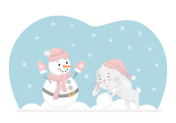 Rabbit rolls a snowball, makes a snowman. Winter fun activity. Adorable character in pastel colors. Kids design for cards, clothes, web design. Childrens vector illustration on a white background