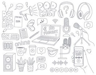 Set of doodle outline symbols of a podcast, radio show, broadcast. Microphones, laptop, headphones, megaphone, lettering. Linear decorative elements. Black white vector illustration isolated white