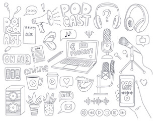 Set of doodle outline symbols of a podcast, radio show, broadcast. Microphones, laptop, headphones, megaphone, lettering. Linear decorative elements. Black white vector illustration isolated white © Валерия Соловьева