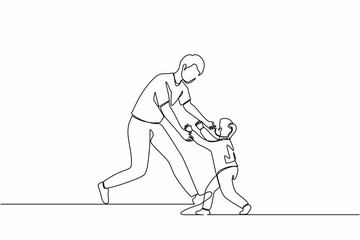 Obraz premium Single one line drawing joyful little daughter running to dad for family hug. Happy little girl meeting man with love. Family, Fathers day, childhood concept. Continuous line design graphic vector