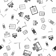 Set Clipboard with checklist, Wet wipe pack, Medical protective mask and Straight razor on seamless pattern. Vector