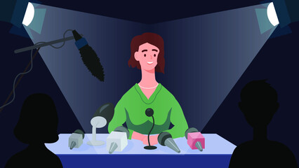 Speaker at table at press conference. Interview, communication with journalists, mass media. Person giving comments, speaking to reporters with microphones. Vector illustration