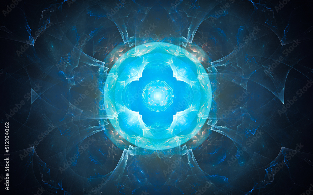 Poster abstract illustration of a computer generated fantastic emblem in various shapes and shades on a bla