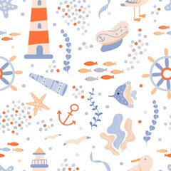 Nautical seamless pattern with lighthouse. Fish, dots and ship wheel, sea or ocean adventures doodle print. Decorative marine vector background