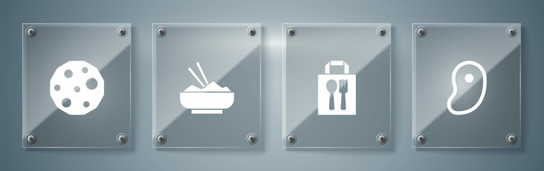 Set Steak meat, Online ordering and delivery, Rice bowl with chopstick and Cookie biscuit. Square glass panels. Vector