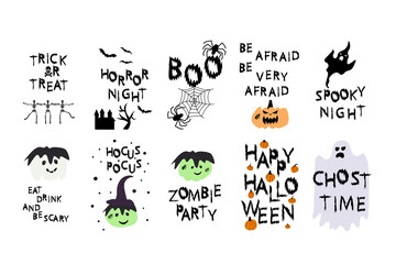 Hand drawn card for Halloween poster, greeting card, print or banner. Vector holiday illustration isolated quote on white background.