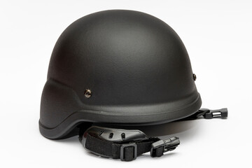 Advanced combat helmet of the US Armed Forces with a chin strap on a white background, isolate. Military equipment and equipment for soldiers.
