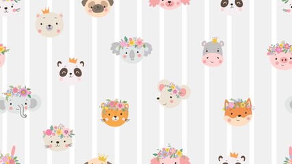 Scandinavian style childish animals. Cute cartoon pets avatars, kids room wallpaper print. Wild animal in crown vector seamless pattern